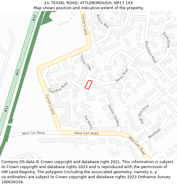 23, TEASEL ROAD, ATTLEBOROUGH, NR17 1XX: Location map and indicative extent of plot