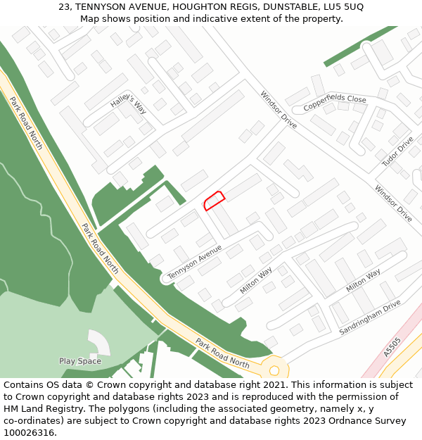 23, TENNYSON AVENUE, HOUGHTON REGIS, DUNSTABLE, LU5 5UQ: Location map and indicative extent of plot