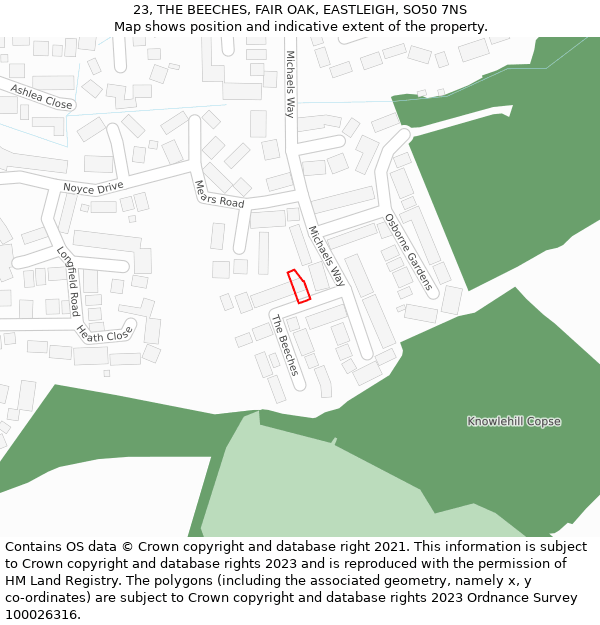 23, THE BEECHES, FAIR OAK, EASTLEIGH, SO50 7NS: Location map and indicative extent of plot