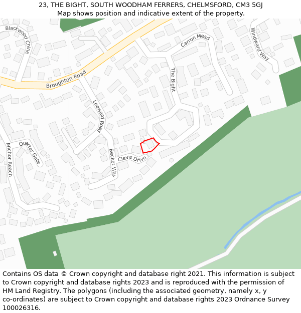 23, THE BIGHT, SOUTH WOODHAM FERRERS, CHELMSFORD, CM3 5GJ: Location map and indicative extent of plot