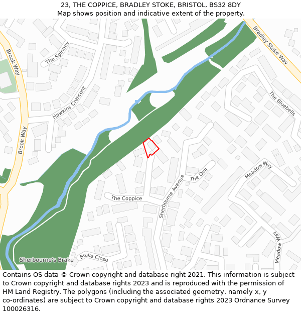 23, THE COPPICE, BRADLEY STOKE, BRISTOL, BS32 8DY: Location map and indicative extent of plot