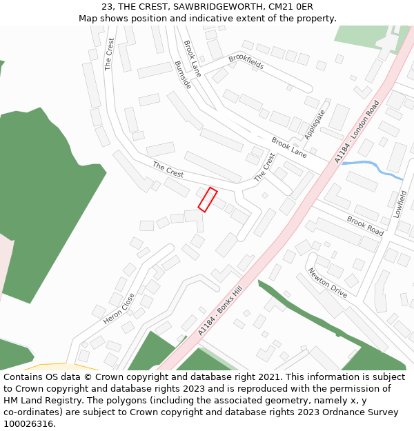 23, THE CREST, SAWBRIDGEWORTH, CM21 0ER: Location map and indicative extent of plot