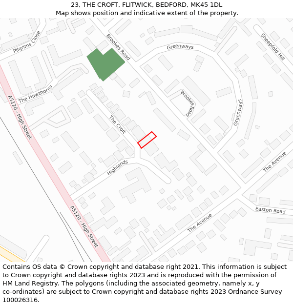 23, THE CROFT, FLITWICK, BEDFORD, MK45 1DL: Location map and indicative extent of plot