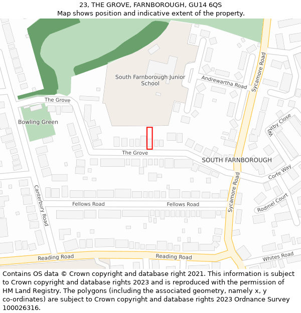 23, THE GROVE, FARNBOROUGH, GU14 6QS: Location map and indicative extent of plot