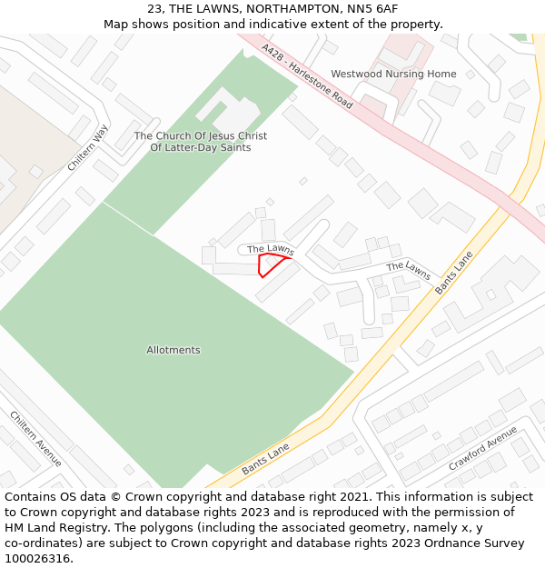 23, THE LAWNS, NORTHAMPTON, NN5 6AF: Location map and indicative extent of plot