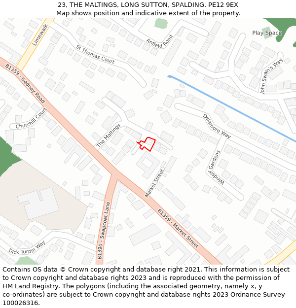 23, THE MALTINGS, LONG SUTTON, SPALDING, PE12 9EX: Location map and indicative extent of plot