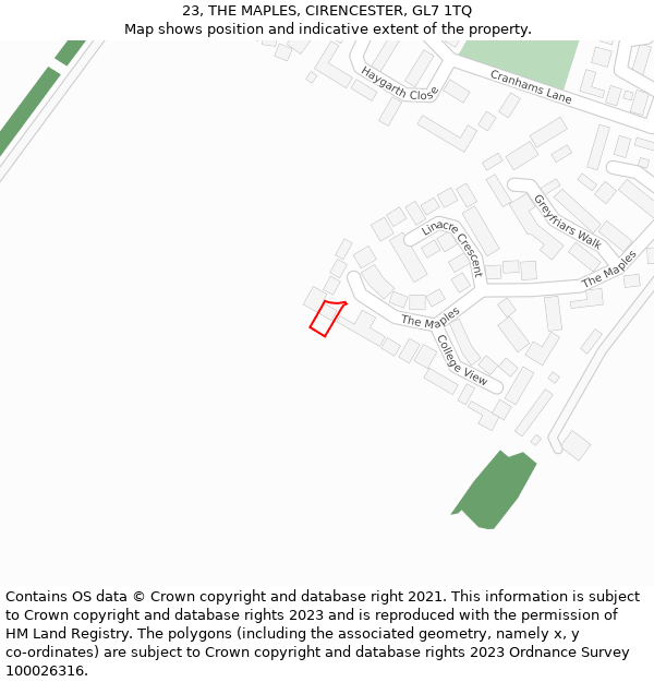 23, THE MAPLES, CIRENCESTER, GL7 1TQ: Location map and indicative extent of plot