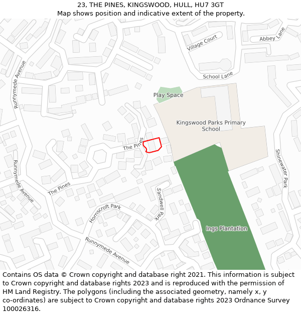 23, THE PINES, KINGSWOOD, HULL, HU7 3GT: Location map and indicative extent of plot