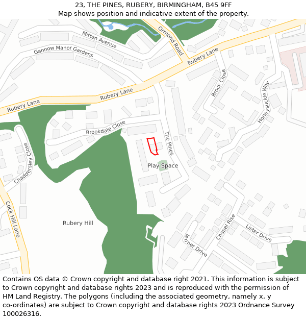 23, THE PINES, RUBERY, BIRMINGHAM, B45 9FF: Location map and indicative extent of plot