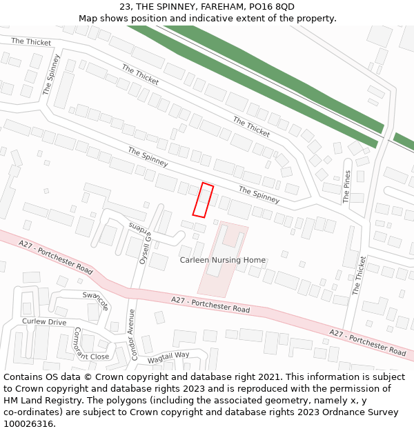 23, THE SPINNEY, FAREHAM, PO16 8QD: Location map and indicative extent of plot