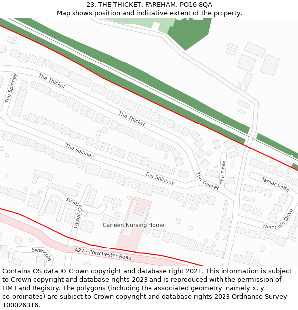 23, THE THICKET, FAREHAM, PO16 8QA: Location map and indicative extent of plot