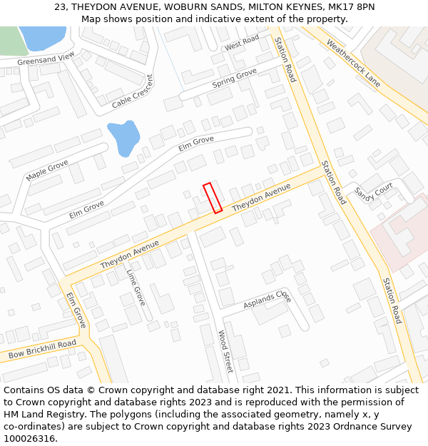 23, THEYDON AVENUE, WOBURN SANDS, MILTON KEYNES, MK17 8PN: Location map and indicative extent of plot