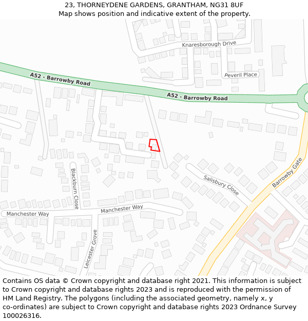 23, THORNEYDENE GARDENS, GRANTHAM, NG31 8UF: Location map and indicative extent of plot