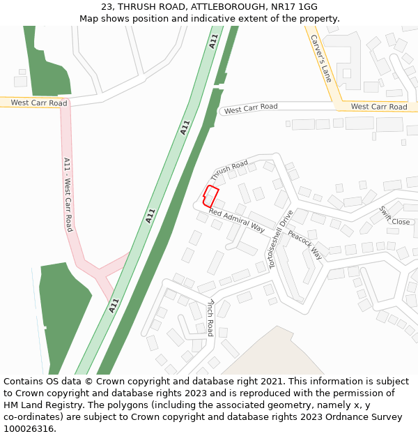 23, THRUSH ROAD, ATTLEBOROUGH, NR17 1GG: Location map and indicative extent of plot