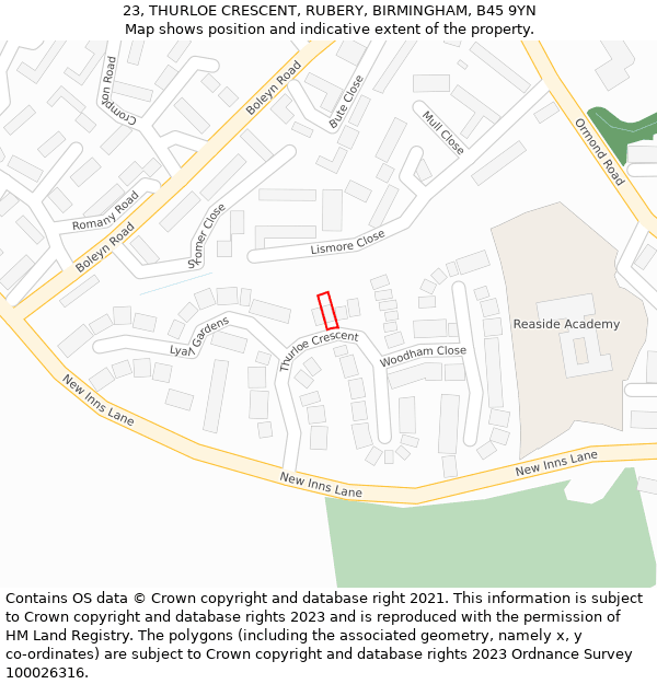 23, THURLOE CRESCENT, RUBERY, BIRMINGHAM, B45 9YN: Location map and indicative extent of plot