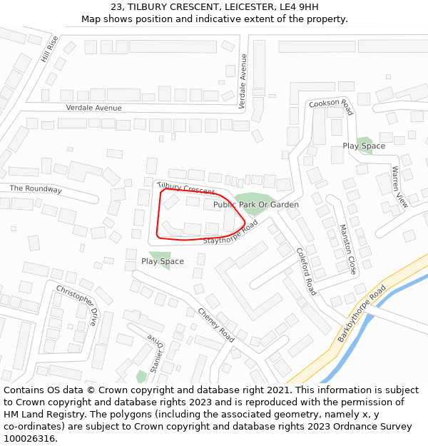 23, TILBURY CRESCENT, LEICESTER, LE4 9HH: Location map and indicative extent of plot