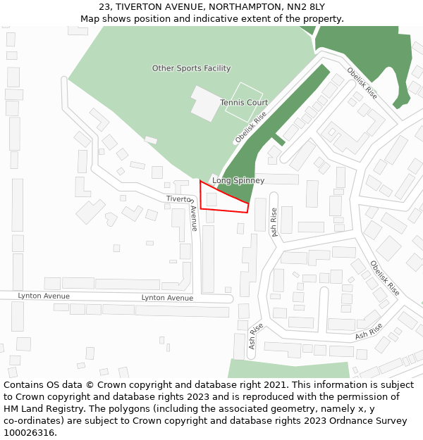 23, TIVERTON AVENUE, NORTHAMPTON, NN2 8LY: Location map and indicative extent of plot