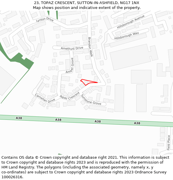 23, TOPAZ CRESCENT, SUTTON-IN-ASHFIELD, NG17 1NX: Location map and indicative extent of plot