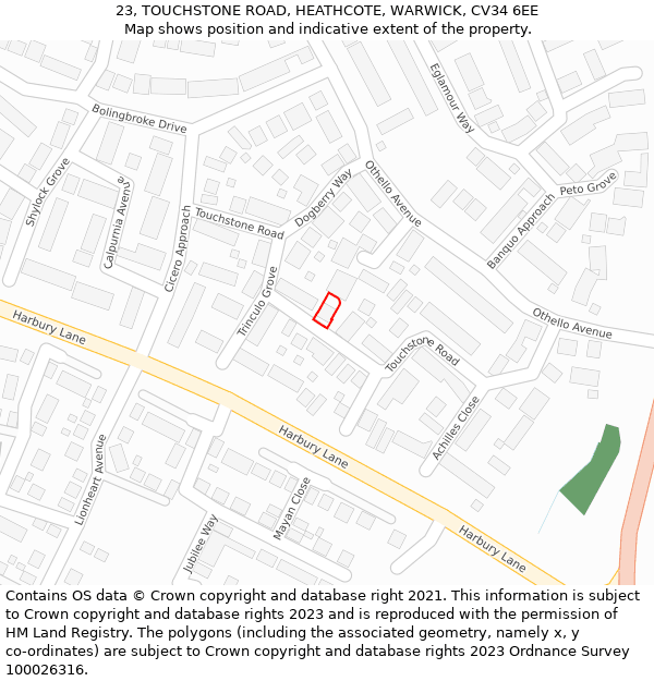 23, TOUCHSTONE ROAD, HEATHCOTE, WARWICK, CV34 6EE: Location map and indicative extent of plot