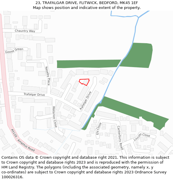 23, TRAFALGAR DRIVE, FLITWICK, BEDFORD, MK45 1EF: Location map and indicative extent of plot