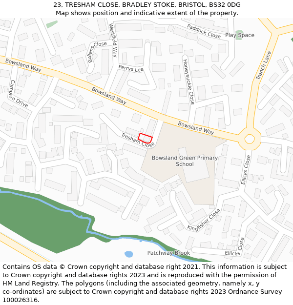 23, TRESHAM CLOSE, BRADLEY STOKE, BRISTOL, BS32 0DG: Location map and indicative extent of plot