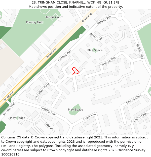 23, TRINGHAM CLOSE, KNAPHILL, WOKING, GU21 2FB: Location map and indicative extent of plot