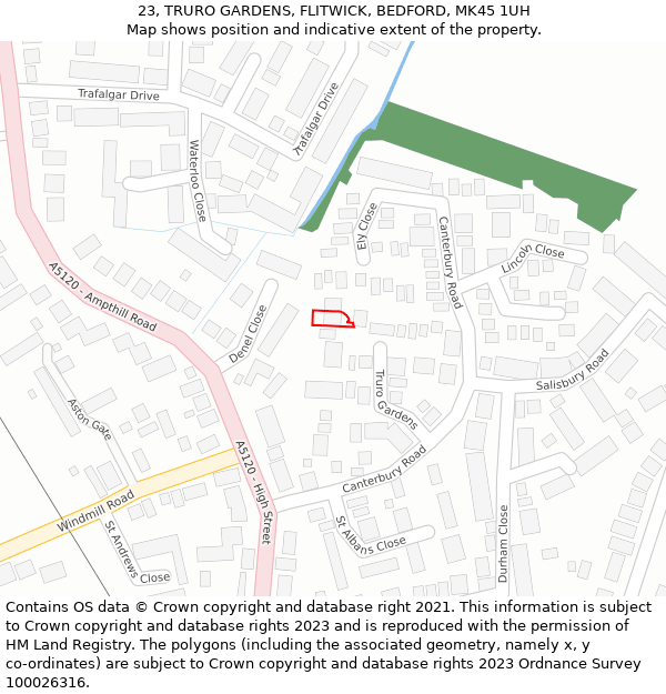 23, TRURO GARDENS, FLITWICK, BEDFORD, MK45 1UH: Location map and indicative extent of plot