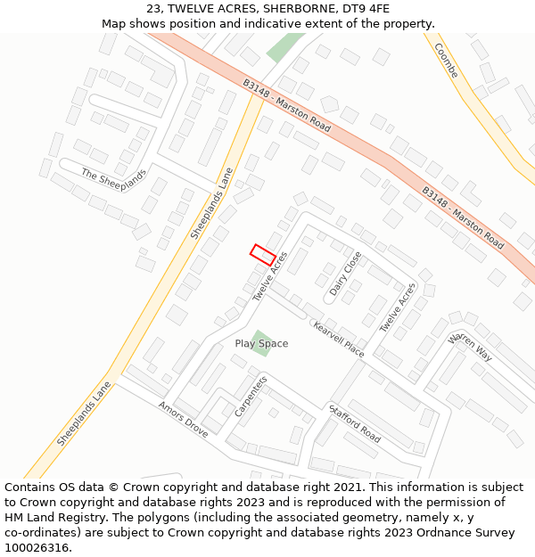 23, TWELVE ACRES, SHERBORNE, DT9 4FE: Location map and indicative extent of plot