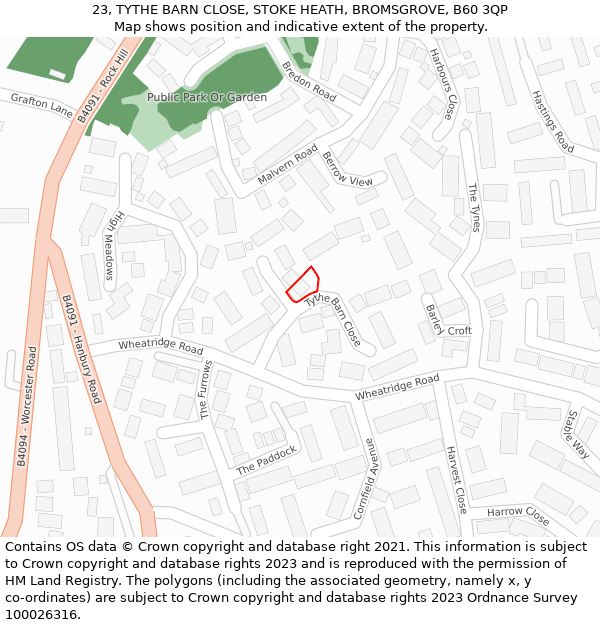 23, TYTHE BARN CLOSE, STOKE HEATH, BROMSGROVE, B60 3QP: Location map and indicative extent of plot