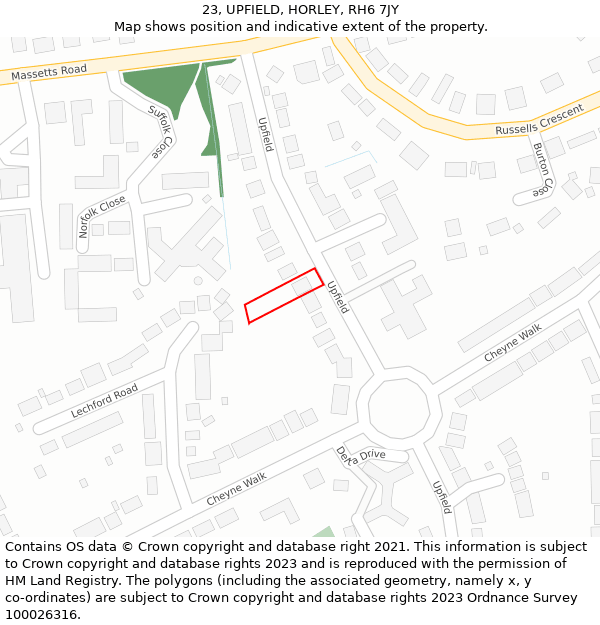 23, UPFIELD, HORLEY, RH6 7JY: Location map and indicative extent of plot