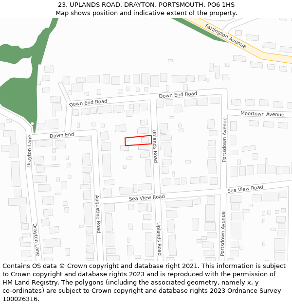 23, UPLANDS ROAD, DRAYTON, PORTSMOUTH, PO6 1HS: Location map and indicative extent of plot