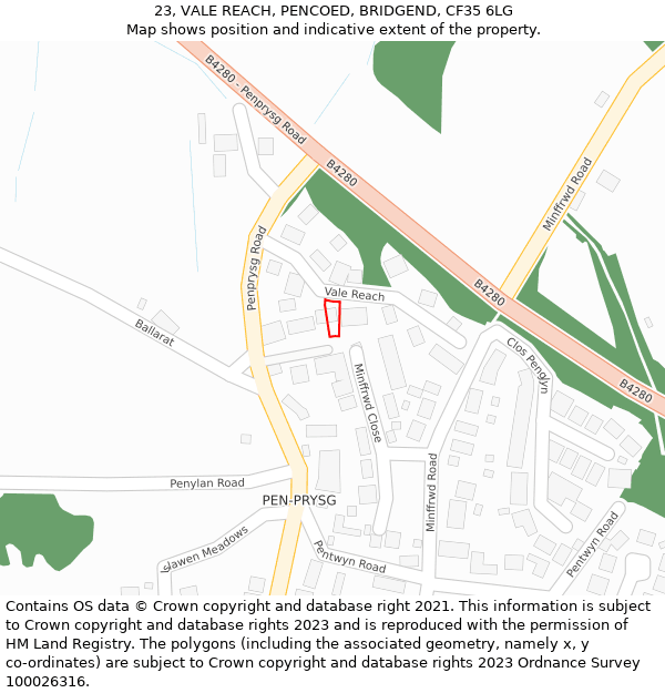 23, VALE REACH, PENCOED, BRIDGEND, CF35 6LG: Location map and indicative extent of plot