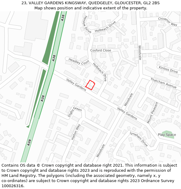 23, VALLEY GARDENS KINGSWAY, QUEDGELEY, GLOUCESTER, GL2 2BS: Location map and indicative extent of plot