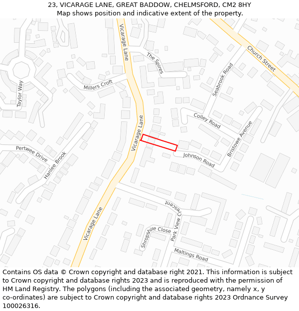 23, VICARAGE LANE, GREAT BADDOW, CHELMSFORD, CM2 8HY: Location map and indicative extent of plot