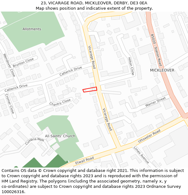 23, VICARAGE ROAD, MICKLEOVER, DERBY, DE3 0EA: Location map and indicative extent of plot