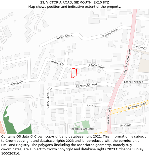 23, VICTORIA ROAD, SIDMOUTH, EX10 8TZ: Location map and indicative extent of plot