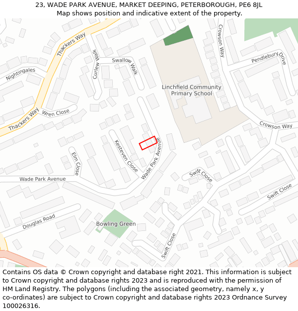 23, WADE PARK AVENUE, MARKET DEEPING, PETERBOROUGH, PE6 8JL: Location map and indicative extent of plot