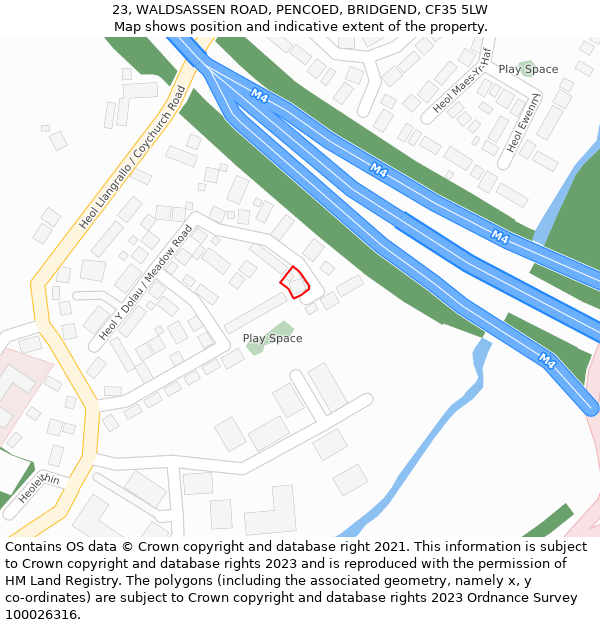 23, WALDSASSEN ROAD, PENCOED, BRIDGEND, CF35 5LW: Location map and indicative extent of plot