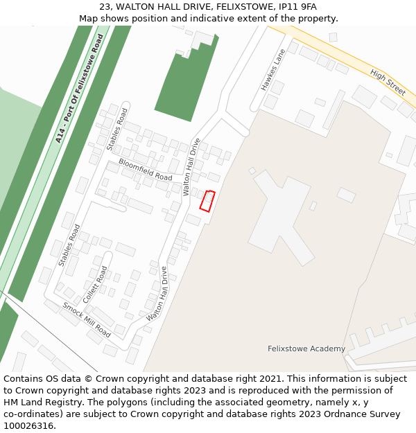 23, WALTON HALL DRIVE, FELIXSTOWE, IP11 9FA: Location map and indicative extent of plot