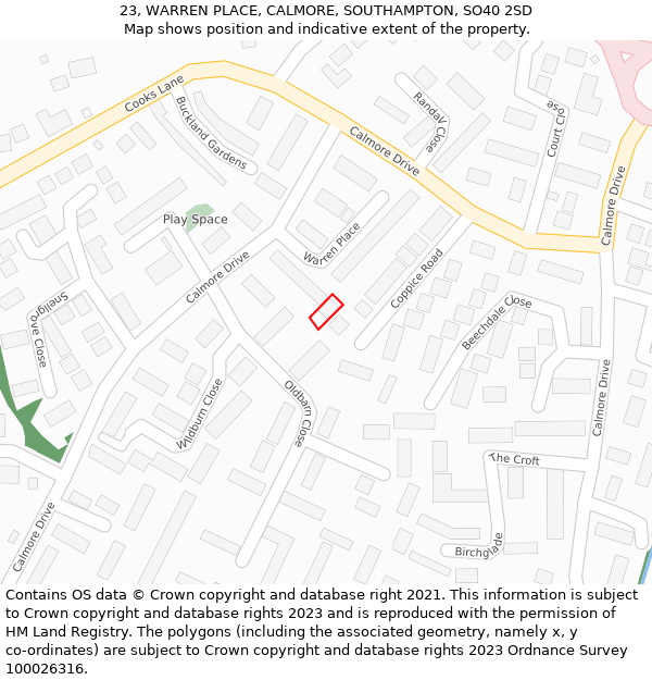 23, WARREN PLACE, CALMORE, SOUTHAMPTON, SO40 2SD: Location map and indicative extent of plot