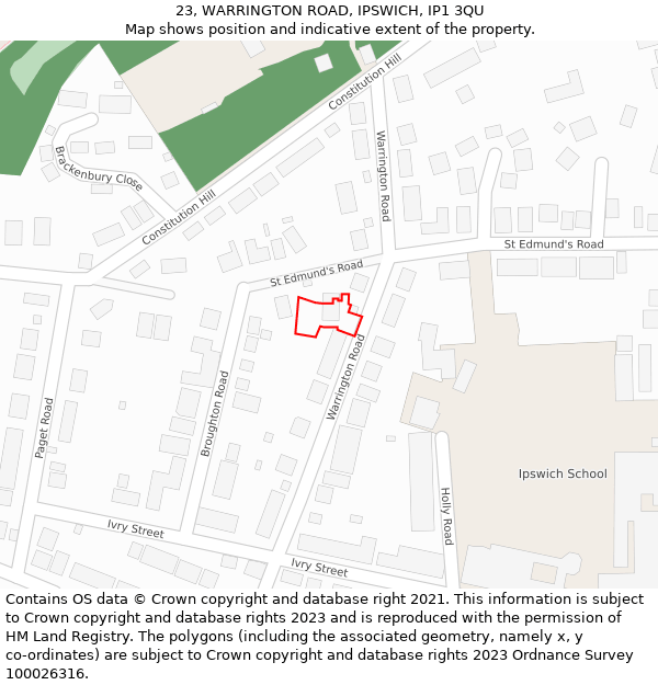 23, WARRINGTON ROAD, IPSWICH, IP1 3QU: Location map and indicative extent of plot
