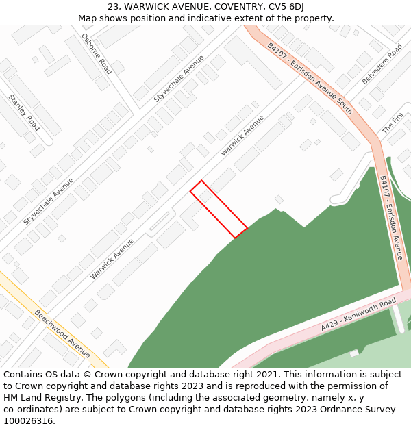 23, WARWICK AVENUE, COVENTRY, CV5 6DJ: Location map and indicative extent of plot