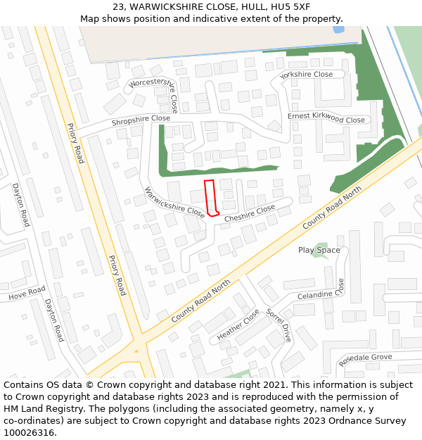 23, WARWICKSHIRE CLOSE, HULL, HU5 5XF: Location map and indicative extent of plot