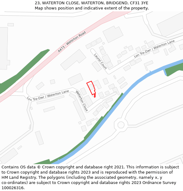 23, WATERTON CLOSE, WATERTON, BRIDGEND, CF31 3YE: Location map and indicative extent of plot