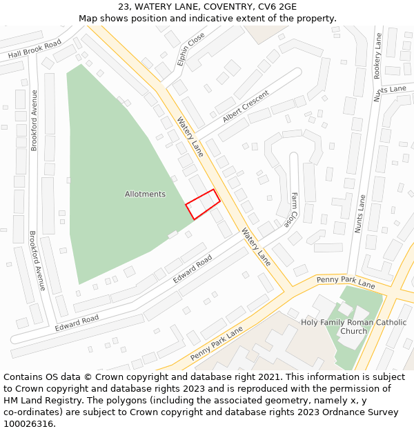 23, WATERY LANE, COVENTRY, CV6 2GE: Location map and indicative extent of plot
