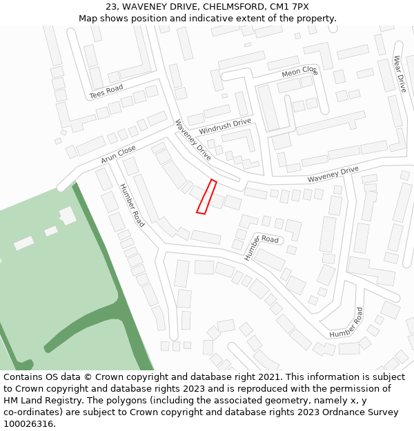 23, WAVENEY DRIVE, CHELMSFORD, CM1 7PX: Location map and indicative extent of plot