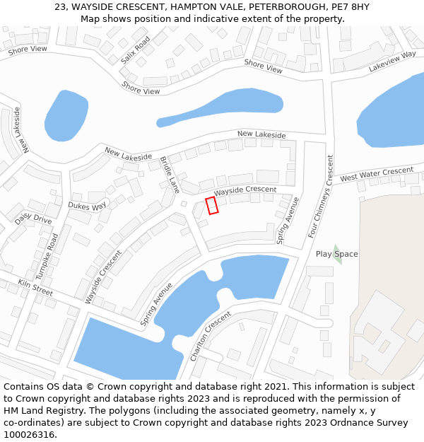 23, WAYSIDE CRESCENT, HAMPTON VALE, PETERBOROUGH, PE7 8HY: Location map and indicative extent of plot