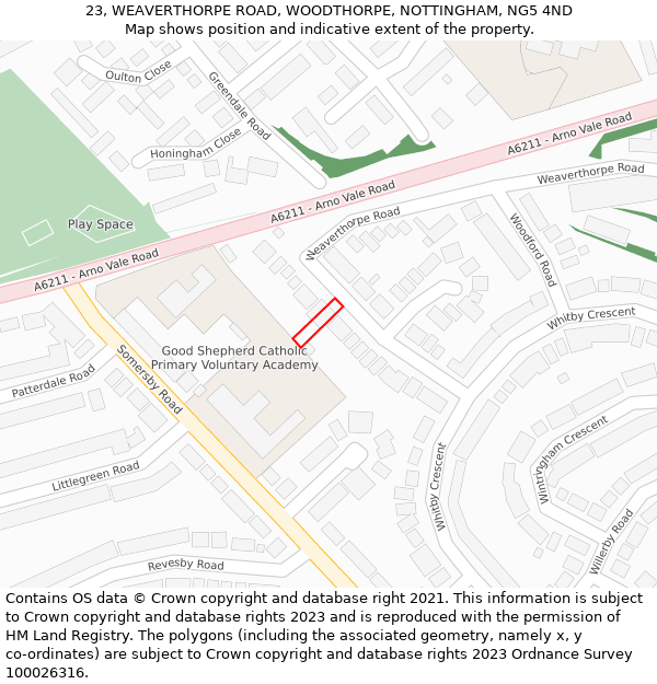 23, WEAVERTHORPE ROAD, WOODTHORPE, NOTTINGHAM, NG5 4ND: Location map and indicative extent of plot