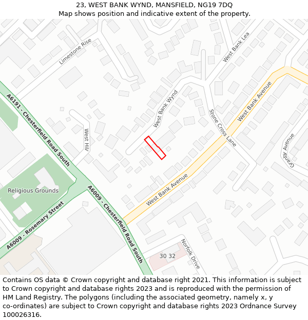 23, WEST BANK WYND, MANSFIELD, NG19 7DQ: Location map and indicative extent of plot