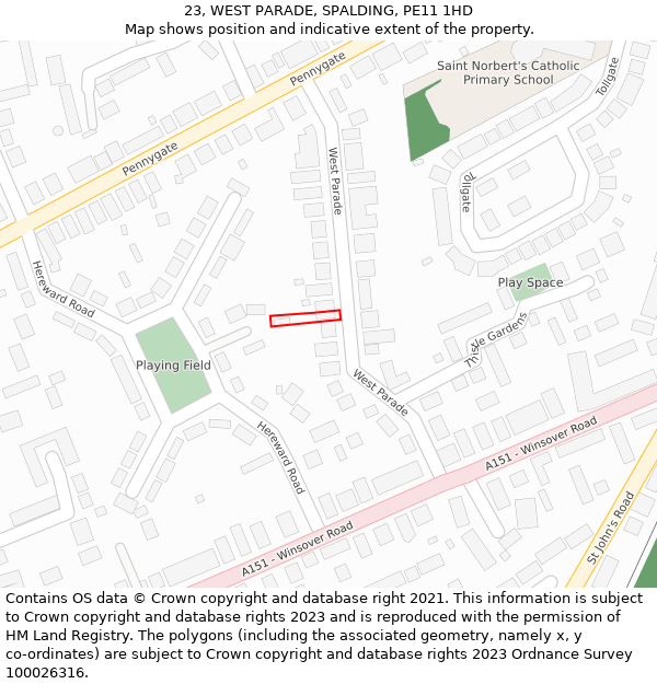 23, WEST PARADE, SPALDING, PE11 1HD: Location map and indicative extent of plot